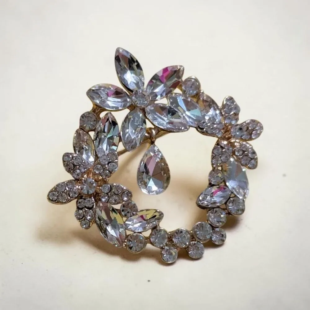 Clear Rhinestone Floral Wreath Brooch Pin, Elegant Statement Jewelry